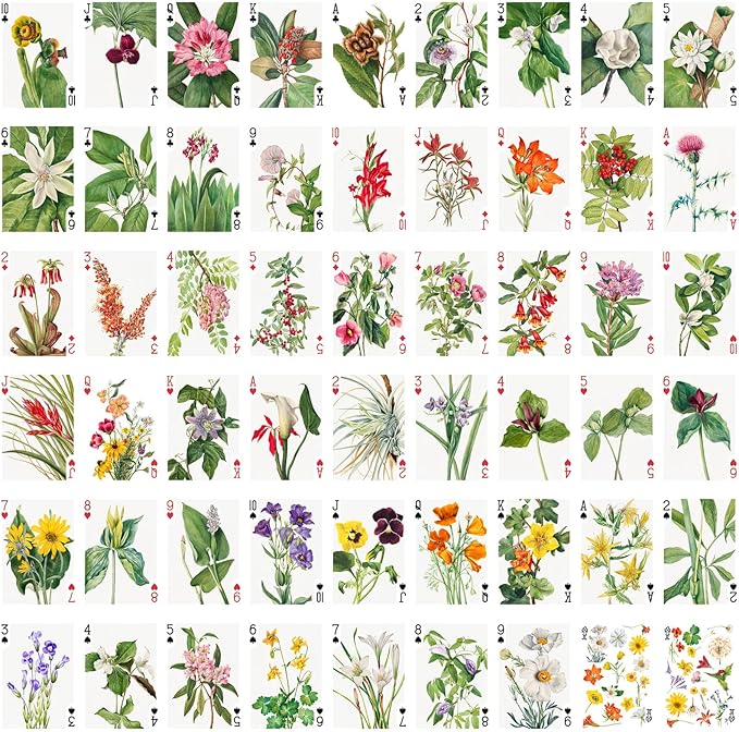 Wildflower Collection Playing Cards (Poker Deck 54 Cards All Different) Vintage Botanical Illustrations of Colorful Blooms Garden Beauties and Delicate Field Flowers