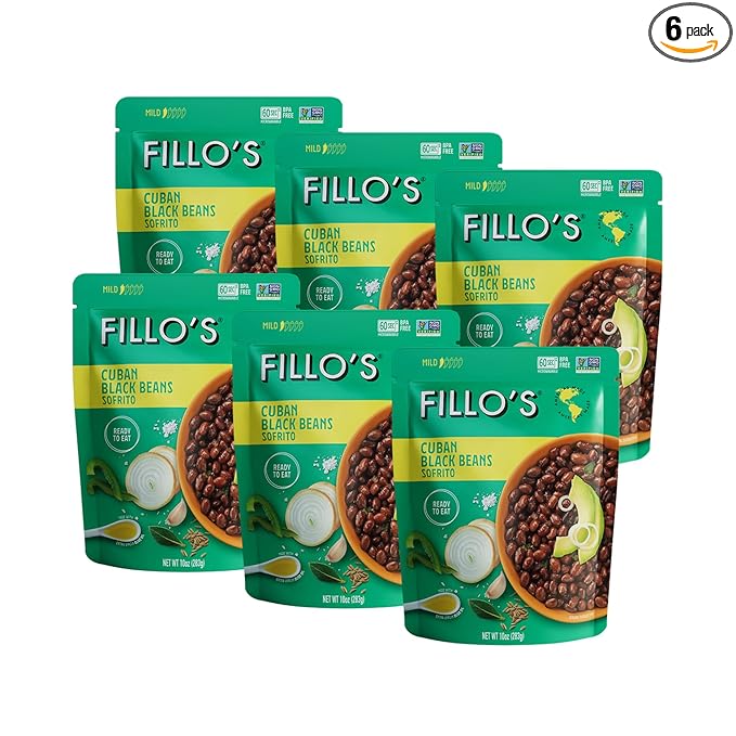 Fillo's Cuban Black Beans - Ready to Eat Beans, Gluten-Free, Preservative-Free, Microwavable Meals, Non-GMO, Plant Protein, Vegan Beans, 10 oz Pk of 6