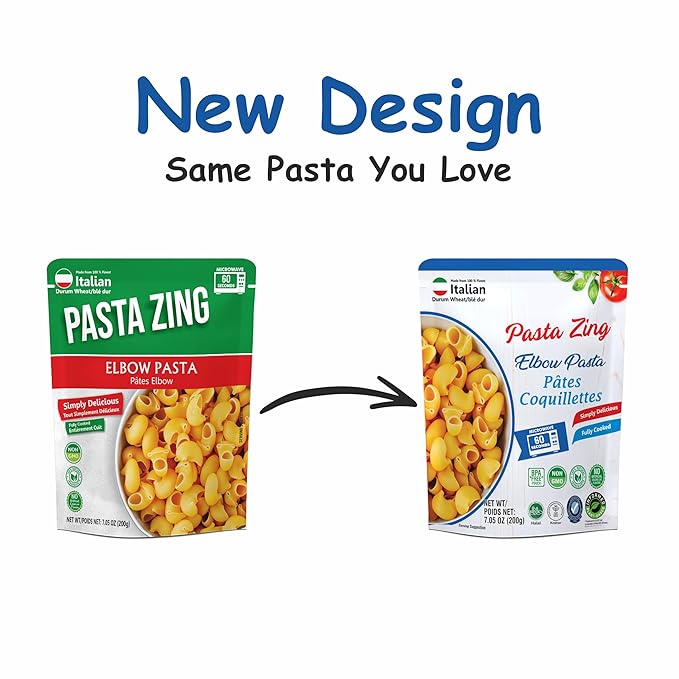Pasta Zing Elbow Pasta – Fully Cooked, Microwave-Ready in 60 Seconds, Made with 100% Italian Durum Wheat, Non-GMO, Halal & Kosher Certified – 7.05 oz (Pack of 7)