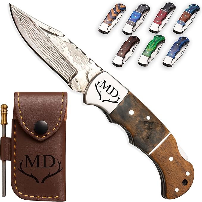 Personalized Folding Knife, Damascus Sheep Bone Pocket Knife, Personalized Gift for Husband, Dad, Son, Brother, Groomsman, Folding Knife for Anniversary, Father’s Day, Birthday, Christmas Gift