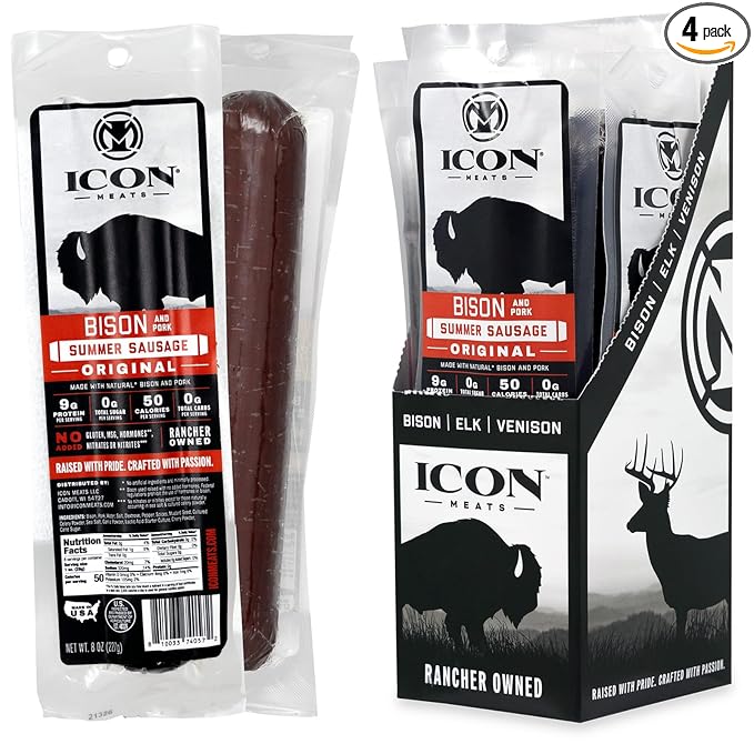 ICON Meats Summer Sausage - Bison and Pork Original Flavor - 4 Pack of Individually Wrapped Meat Sausages, USDA Approved, All Natural, Diet Friendly, High Protein, Low Calorie