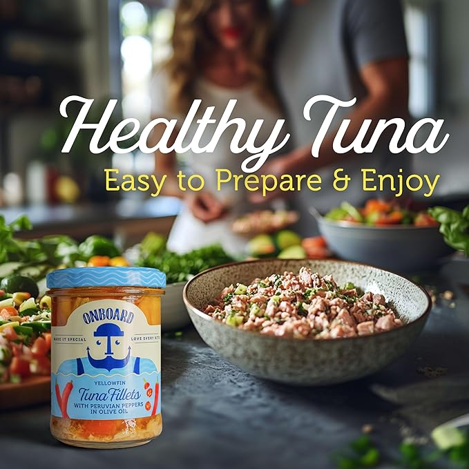 ONBOARD Yellowfin Tuna Fillets, Mediterranean Seafood Diet | Pescatarian Jarred Atun, Fresh Sea Tuna Salad | High in Protein - Healthy Ready-to-Eat Snacks, Packed in Glass Jar | (6 Packs, Peruvian Peppers)
