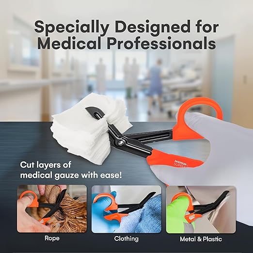 Madison Supply Medical Scissors - 7.5 Inch Stainless Steel Trauma Shears - Fluoride-Coated Non-Stick Scissors for EMT, Nurses, and First Aid Kits - 2 Pack, in 2 Colors, Black, Orange