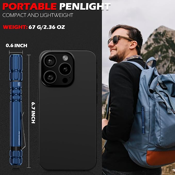 FORTO Rechargeable Pen Light Flashlight, 400 Lumens Small Pocket Flashlight with Clip, IP67 Waterproof, 2 Light Modes, 3-Color Battery Indicator, Type-C Charging, for Inspection,Emergency (Blue)