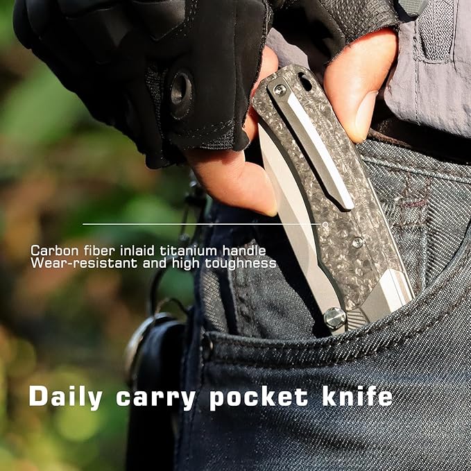 Titanium Pocket Knife WD107, Pearlescent M390 Blade EDC Knife, Men Women Daily Carry Lightweight Folding Knife, Sharp Fishing Camping Knives