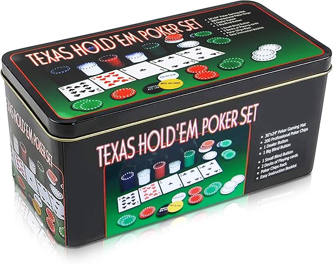 Gamie Texas Holdem Poker Game Set - Includes Hold?™em Mat, 2 Card Decks, Chips, Chip Holder and Tin Storage Box - Fun Game Night Supplies - Cool Casino Gift for Kids & Adults