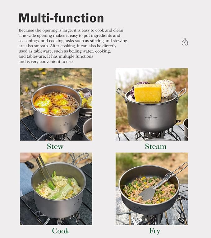 iBasingo 1.2L+1.8L+2.4L Titanium Pots Set with Lid Camping Cookware with Foldable Handle Portable Lightweight Cooking Kit Outdoor Kitchen Cooking Kit for Backpacking Hiking Picnic Fishing Ti2109C