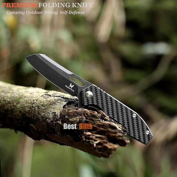 Folding Pocket Knife - 3.54'' CPM S35VN Black Steel Blade, Carbon Fiber Ergonomic Handle - Camping Outdoor Self-Defense & Protection EDC Knife, Men & Women Best Gifts