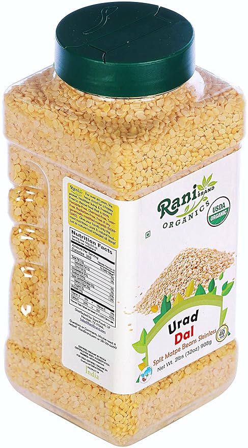 Rani Organic Urid/Urad Dal (Split Matpe Beans Skinless) Indian Lentils 32oz (2lbs) 908g PET Jar ~ All Natural | Vegan | Gluten Friendly | NON-GMO | Indian Origin | USDA Certified Organic