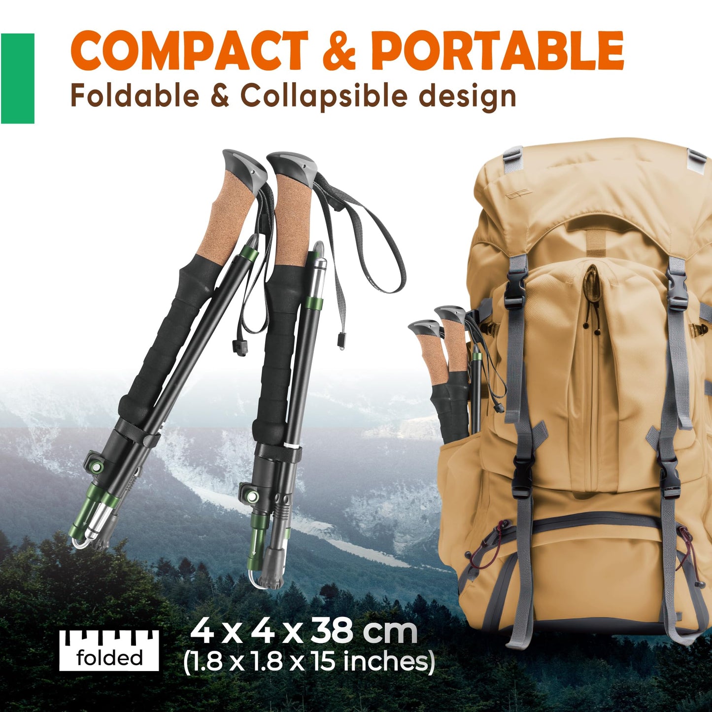 TREKOLOGY Trek-Z Cork Grip Trekking Poles – Lightweight Folding Hiking Poles, Adjustable Height