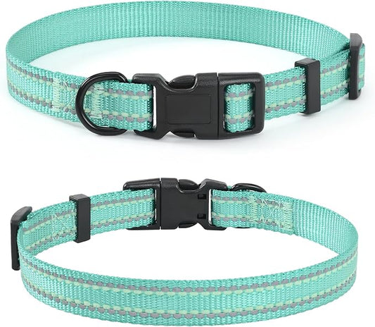 Mile High Life Reflective Dog Collar, Basic Dog Collars Adjustable Quick Release, Soft Nylon Pet Collar with Metal D-Ring for Small Medium Large Dogs (Green, L Neck15-19")