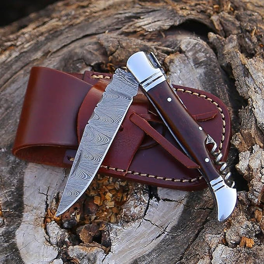 6.5 inch Damascus Pocket Knife with Sheath, Handmade Folding Pocket Knife for Men, Black-Red Wooden Handle with Brass Bolster, Secure Lock Back Camping Knife for EDC,Hunting,Hiking (Legual)