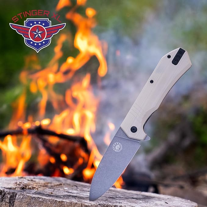 Off-Grid Knives - STINGER XL Folding Knife, 154CM Steel, Full Flat Grind, G10 Scales, Ceramic Bearings, Drop-Shut Action, Deep Pocket Clip, Left or Right Hand Carry, Camping & Tactical Use (Coyote)