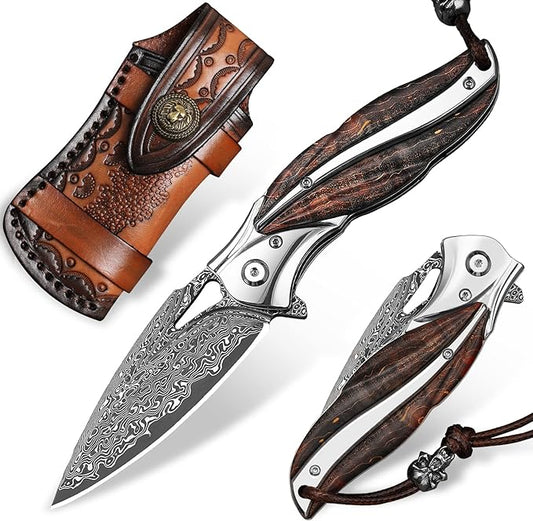 Handmade Japanese VG10 Damascus steel Folding Pocket Knife，With leather case，Liner Lock，3.1in high hardness blade，Wooden Handle，men's folding knife hiking trip EDC tool Knife