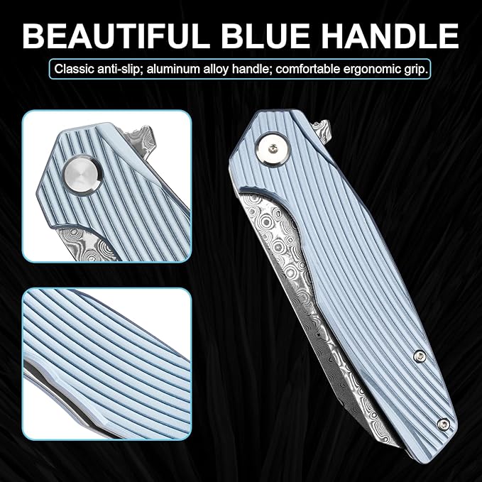 Damascus Pocket Knife 3.46" Damascus Steel Blade EDC Pocket Knives & Folding Knives for Men Women Blue Non-Slip Handle