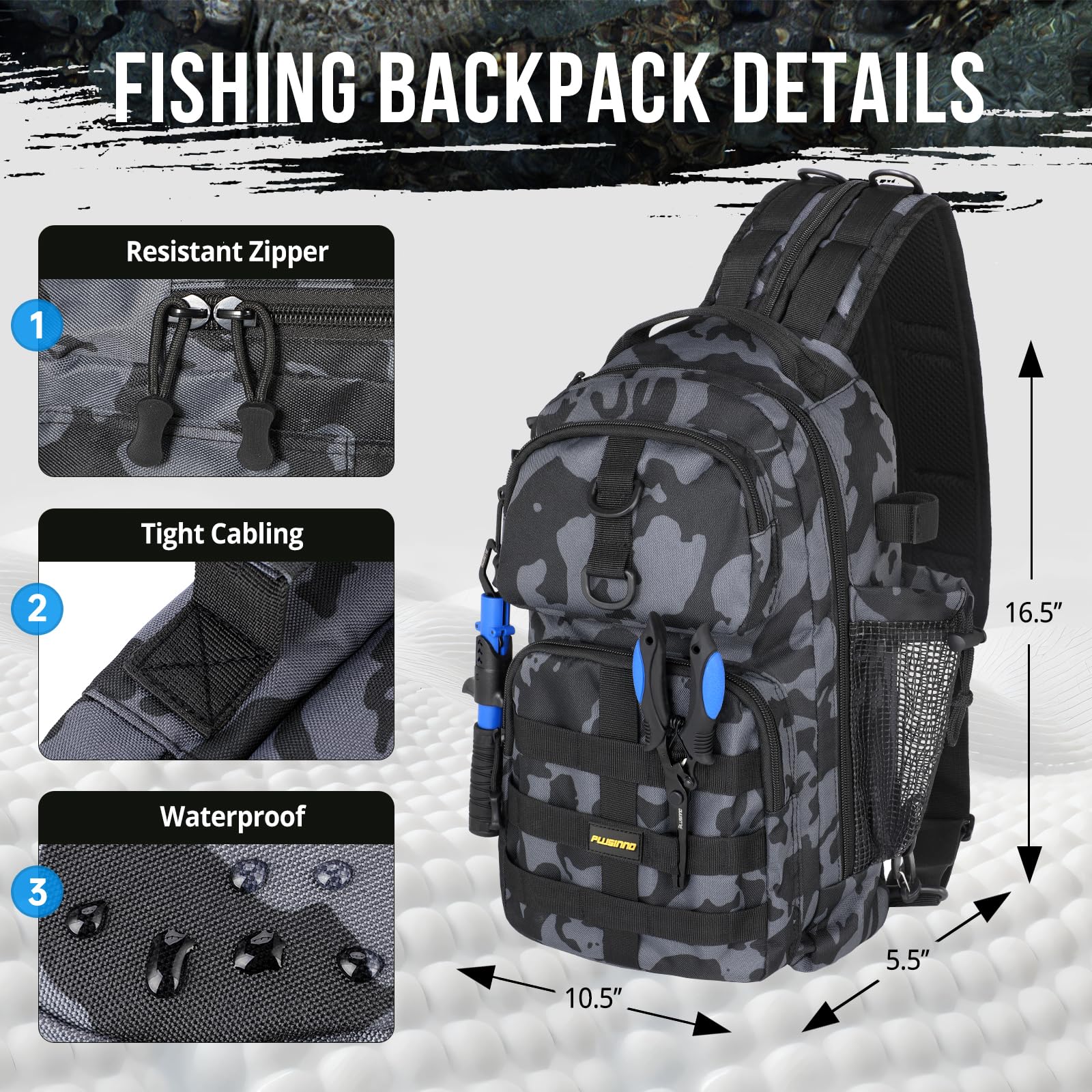 PLUSINNO Fishing Backpack with Tackle Boxes, Waterproof Fishing Sling Tackle Bag For Fishing Gear