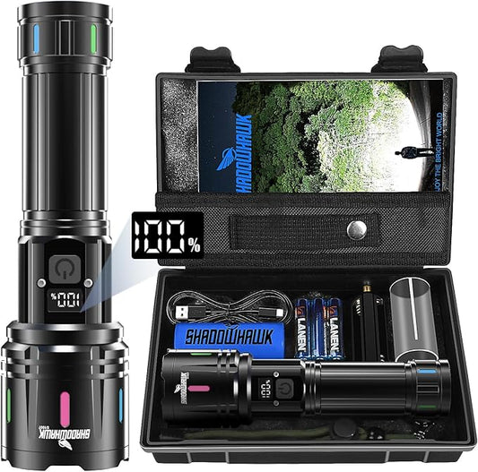 Shadowhawk Flashlights High Lumens Rechargeable - 2000 Lumen 30W Super Bright LED Flash Light with LCD Display, 3937ft Beam & 12H Runtime, Handheld Waterproof Flashlight for Home, Camping, Emergency