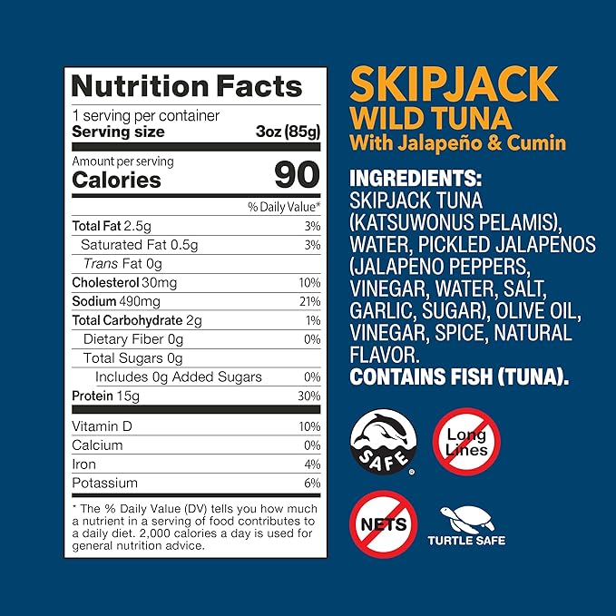 Wild Planet Wild Skipjack Tuna with Jalepeno & Cumin Tinned Fish, Canned Tuna, Sustainably Wild-Caught, 3 oz pack of 12