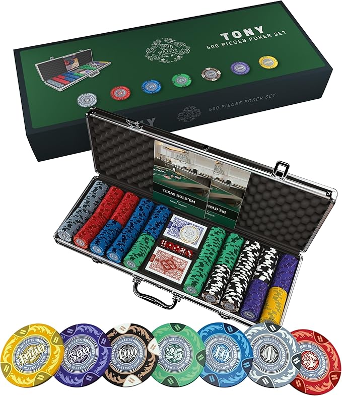 Bullets Poker Set ??Complete Chip Set with Case, Playing Cards, Dices, and Travel Case ??Professional for Texas Hold'em, Blackjack, Poker Games, and Casino Chips, 500 Clay 'Tony' Chips.