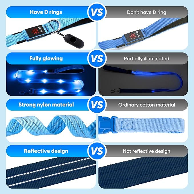 4 Ft LED Dog Leash, Rechargeable Light Up, Waterproof, Glow In The Dark, Nylon Reflective With Padded Handle For Small, Medium, Large Pets