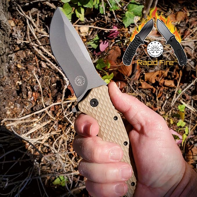 Off-Grid Knives - Rapid Fire Coyote, Large Assisted EDC, Hard Use Construction, Camping and Survival, Cryogenic D2 Blade Steel, Titanium Nitride Coating with G10 Scales, Deep Pocket Carry