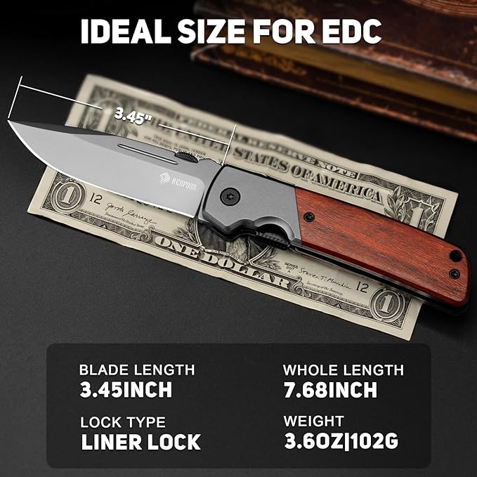 NedFoss DA52 Pocket Knife for Men, 3.5" Compact EDC Knife, Lightweight Camping Folding Knife with Clip, Rosewood Handle with Aluminium Bolster, Liner Lock