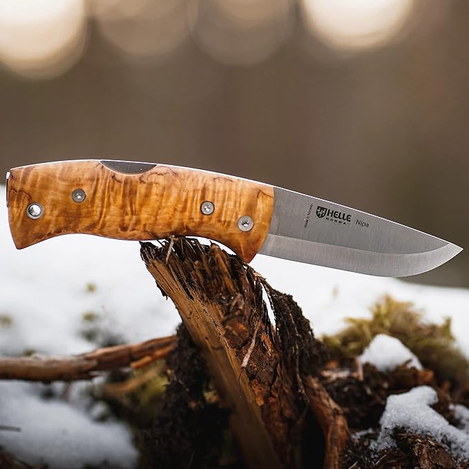HELLE Knives - Nipa - Mid-Size Folding Knife - 2.72" Stainless Steel Blade with Hand-Sanded Curly Birch Handle - EDC Pocket Knife with Clip - Made in Norway