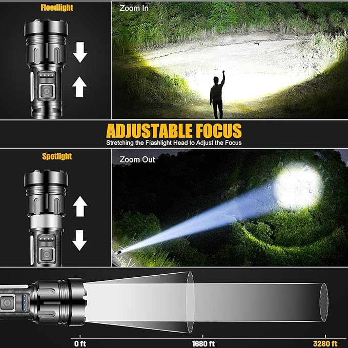 Rechargeable Flashlights High Lumens - 500 LM Super Bright LED Flashlight Powerful Tactical Flashlight with Zoomable, 7 Modes, IPX7 Waterproof, Handheld Flashlight for Camping, Hiking, Emergencies