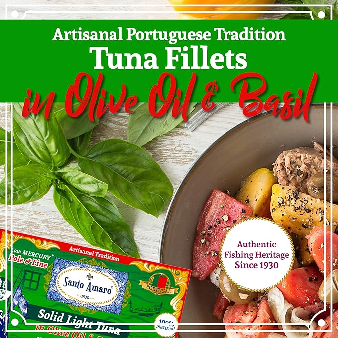 Santo Amaro - Artisanal Wild Tuna Fillets in Olive Oil & Basil, Pole & Line Wild Caught Tuna from Portugal Hand-Packed Venice-Style! Canned Tuna Fish, 22g Protein, Paleo, Keto, Low Mercury, Pack of 3