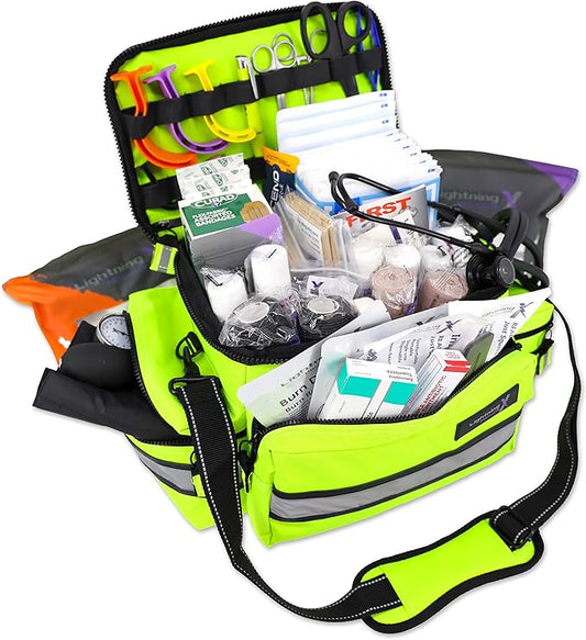 Lightning X Mid-Sized First Responder EMT Bag | LXMB25 | Fully Stocked w/ 240+ First Aid, EMS & Trauma Supplies - Fluorescent Yellow