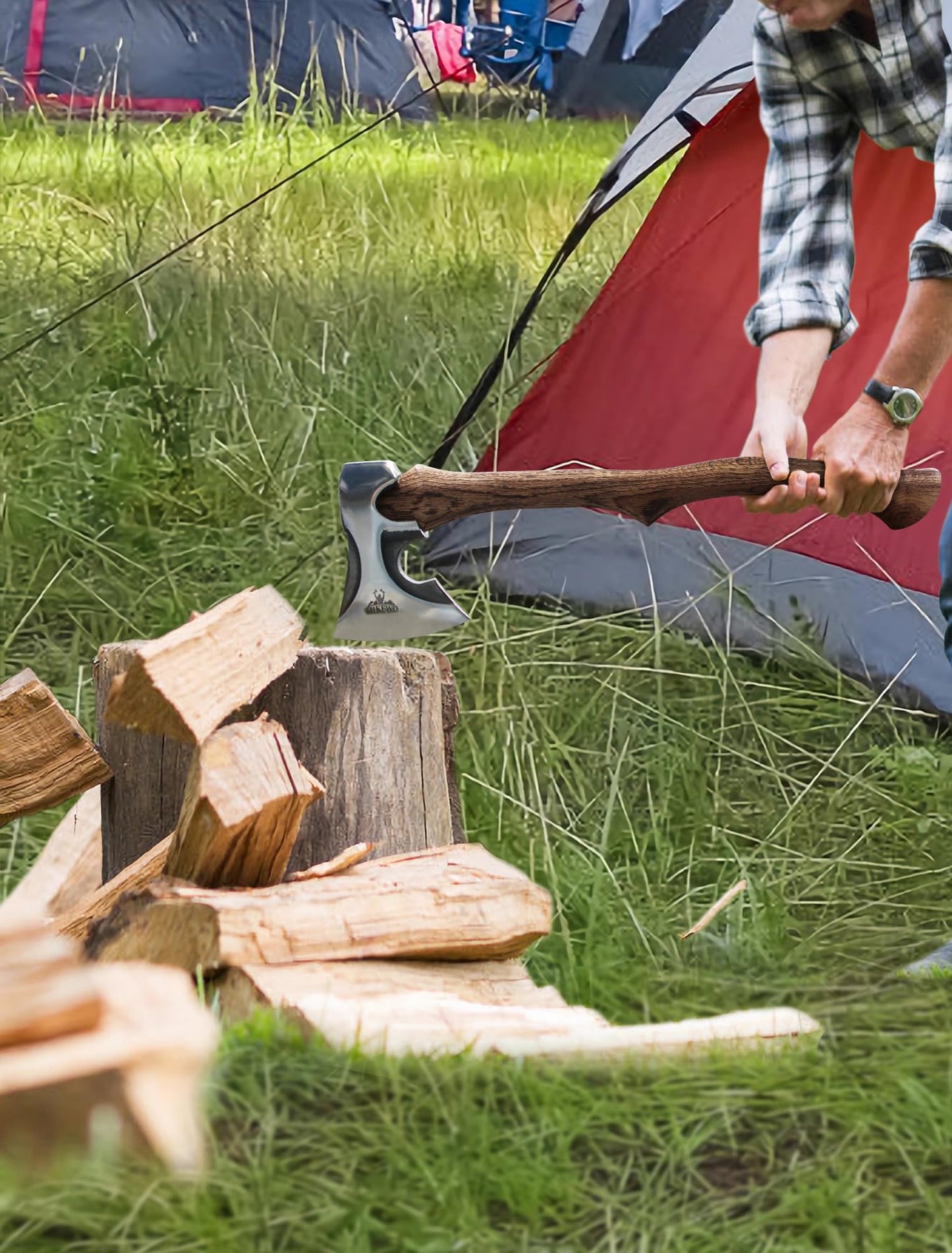 Camping Hatchet -Chopping Axe with Leather Sheath, 22.3" Forged Carbon Steel Wood Splitting Axe for