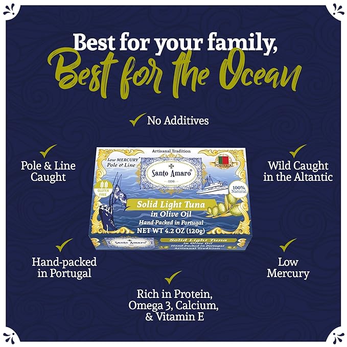Santo Amaro - Artisanal Wild Tuna Fillets in Virgin Olive Oil, Hand-Packed Canned Tuna from Portugal, Atlantic Natural Tuna, Pole & Line Skipjack Tuna Canned, Low Mercury, 22g Protein Keto, Pack of 3