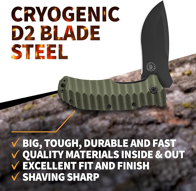 Off-Grid Knives - Rapid Fire Ranger, Camping & Hunting Knife, Cryo D2 Blade Steel with Olive Drab G10 Scales, Deep Clip, Left or Right Carry, Survival, Hiking, Fishing, Boating, Bushcraft