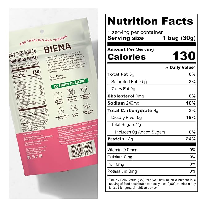 Biena Crispy Roasted Edamame Beans Snack ??High Protein Snack for Adults & Kids, 12g-13g Protein per Serving - Made with Avocado Oil ??Vegan, Low Carb, Gluten-Free ??3-Pack 4.75oz, Himalayan Pink Salt