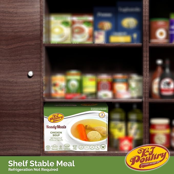 KJ Poultry Kosher Ready Meals - Matza Ball Chicken Soup & Vegetables, CHOMETZ NOT for PASSOVER, MRE Meat Meals Ready to Eat, Shabbos Food, Halal, (1 Pack) Cooked Entree, Shelf Stable Microwave Dinner