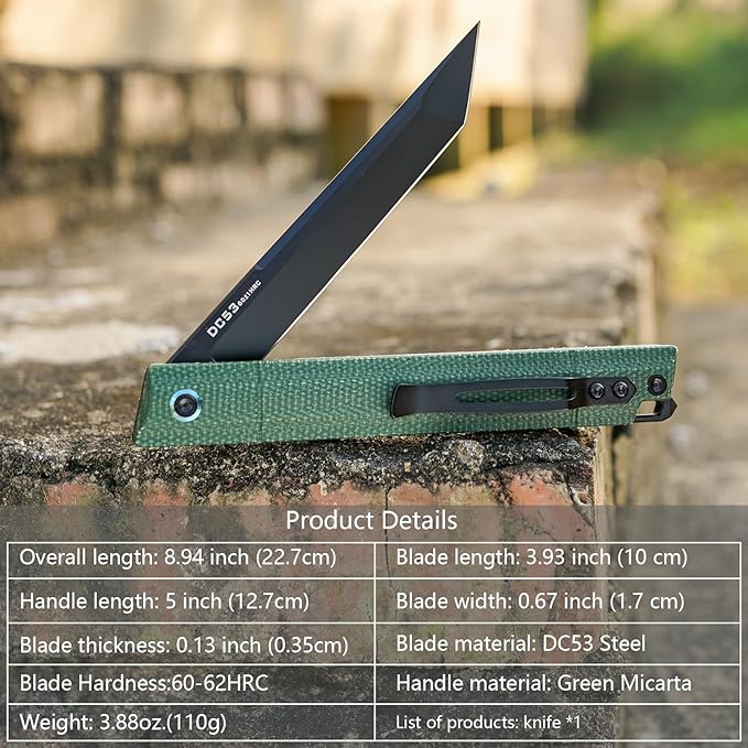 Flipper Pocket Folding Knife,DC53 Steel Blade and G10 Handle. With pocket clip and glass breaker,men's pocket knife hiking trip EDC tool Knife (Green Micarta Handle)