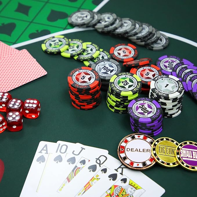 ORIENGEAR Poker Chip Set with Denominations, 14 Gram Clay Composite Casino Chips with ABS Case & 2 Decks of Playing Plastic Cards, for Texas Holdem Blackjack Gambling Games (300PCS Portable)