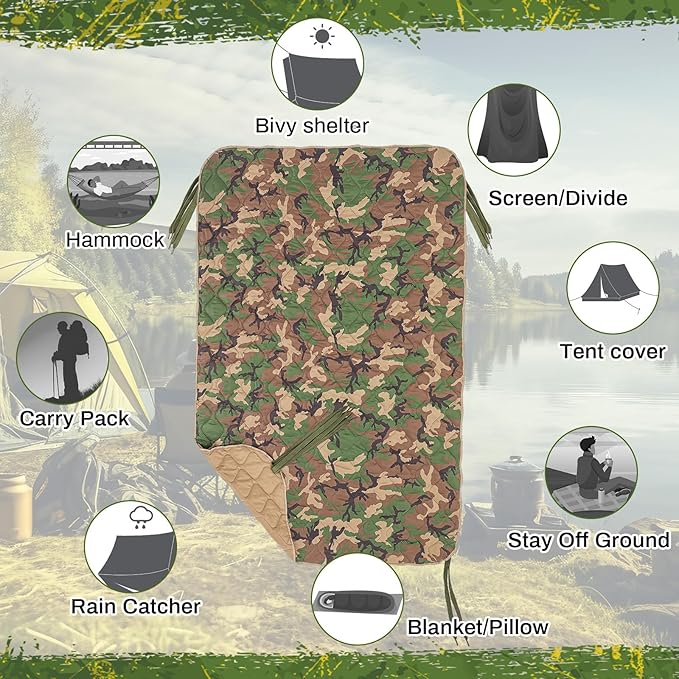 Barydat 80 x 60 Inch Woobie Military Poncho Liner Woobie Blanket Waterproof Thermal Poncho Liner with Bag Camo for Outdoor Camping Hunting Hiking