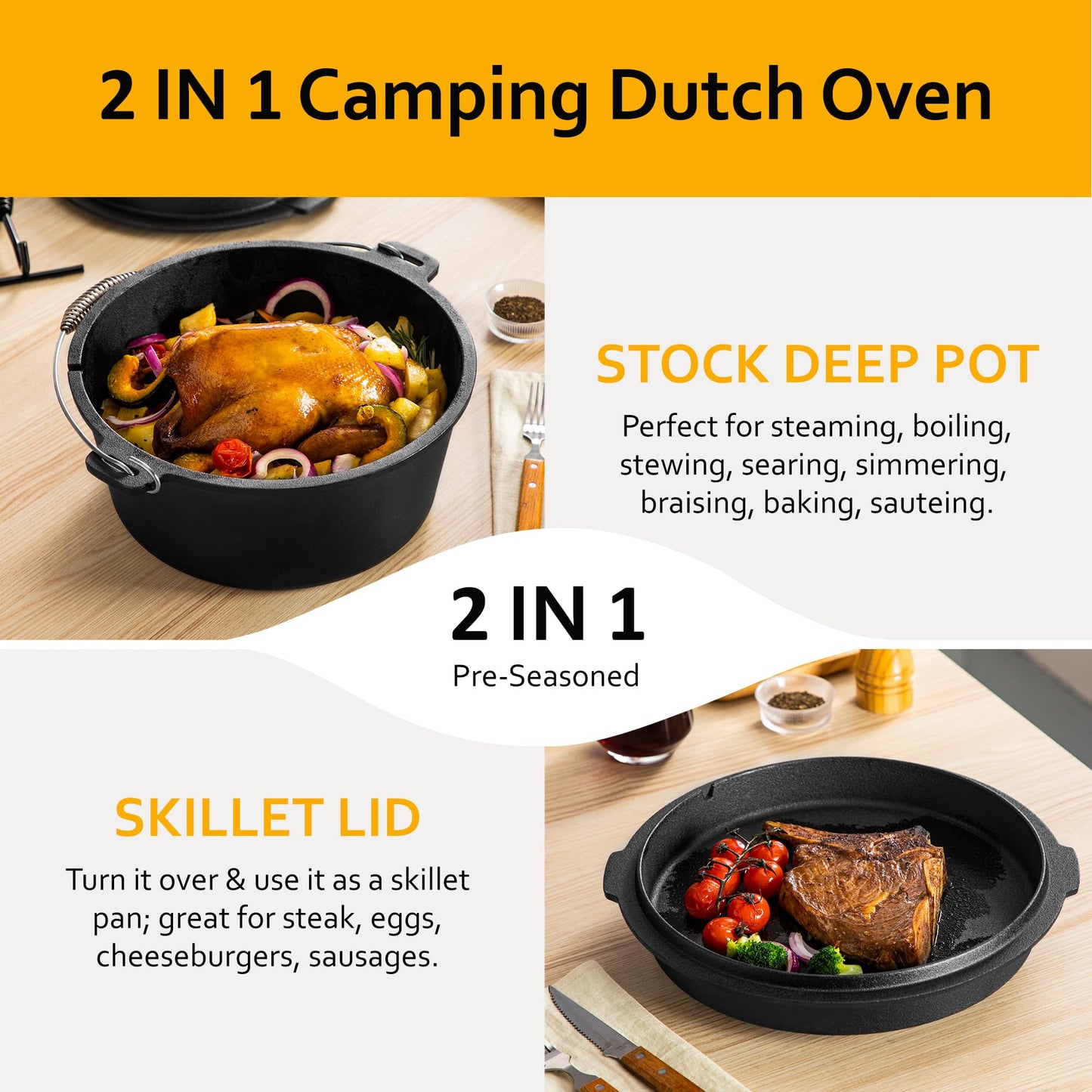 Velaze 10 QT Pre-Seasoned Cast Iron Camping Dutch Oven Pot with Lid