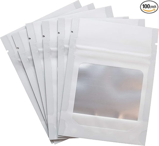 HANSER | Smell Proof Odorless Mylar Resealable Foil Pouch Bags with clear Window | Stand up bottom | Airtight | matte white | 100 Pieces | 3x4 inches