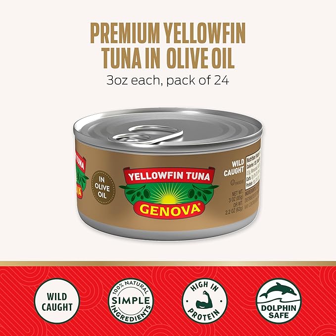 Genova Premium Yellowfin Tuna in Olive Oil, 3 Ounce Cans, 24-Pack ??Nutrient Rich, High Protein Canned Tuna Fish - Delicious, Easy, Nutritious Ready to Eat Meals