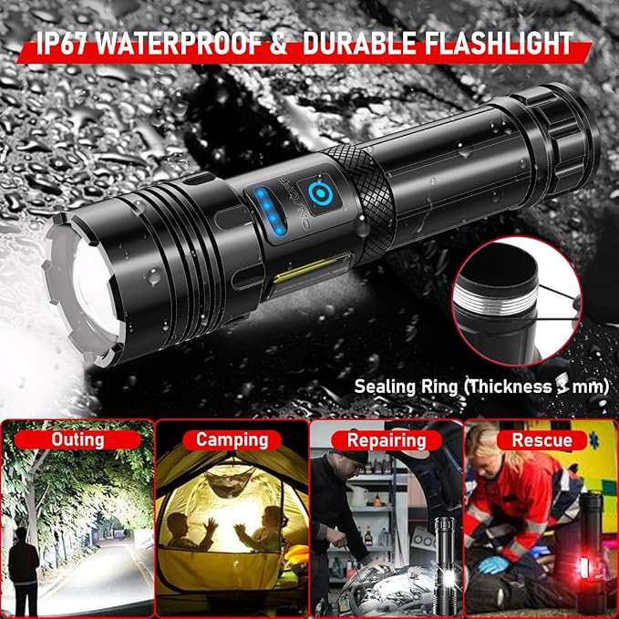 Shadowhawk Rechargeable Flashlights High Lumens, 2000LM XHM90.2 30W LED Flash Light with COB Light, 7 Modes Super Bright Flashlight Battery Powered, Handheld Powerful Flashlight for Home, Emergency