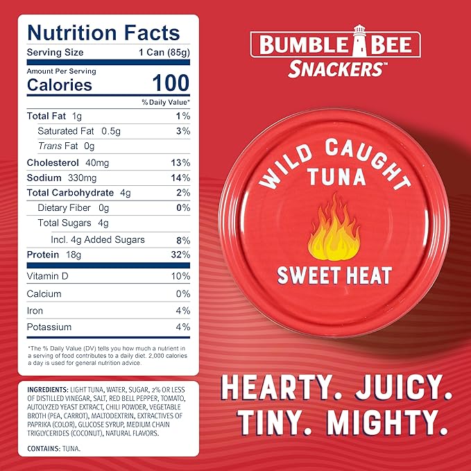 Bumble Bee Snackers - Sweet Heat Tuna, 3 oz Easy Open Can - 18g Protein per Serving - Wild Caught Skipjack Chunk Light Tuna Pack - No Draining, Ready to Eat