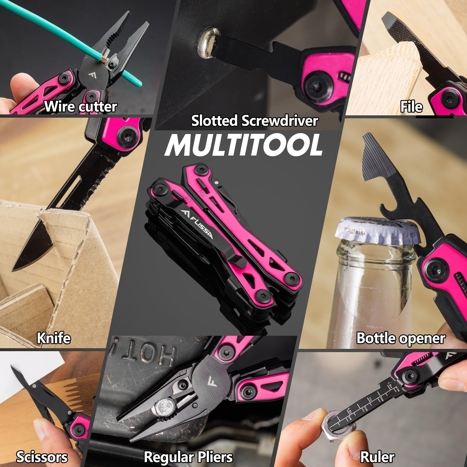 FLISSA 16-In-1 Multi-Tool Pliers, EDC Multitool, Multipurpose Tool, Pink