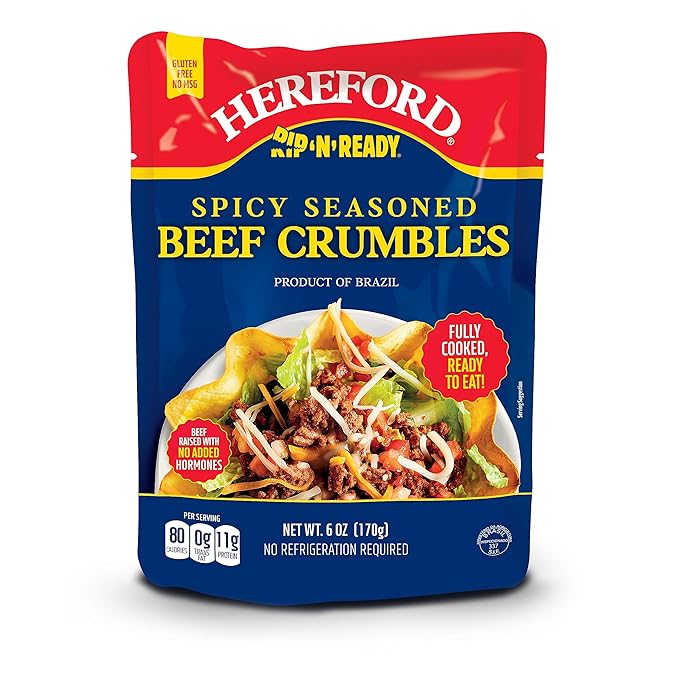 Hereford Spicy Seasoned Beef Crumbles | Shelf Stable | Halal | Fully Cooked | Ready-to-Eat | 12g of Protein per Serving | 6oz per Pouch (Case of 12)