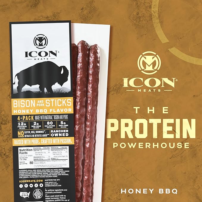 ICON Meats Bison and Pork Snack Sticks - Honey BBQ Flavor - 6 Packs Per Box, 4 Sticks Per Pack, All Natural Jerky Meat Sticks, USDA Approved, Diet Friendly, High Protein, Low Calorie, Low Sugar