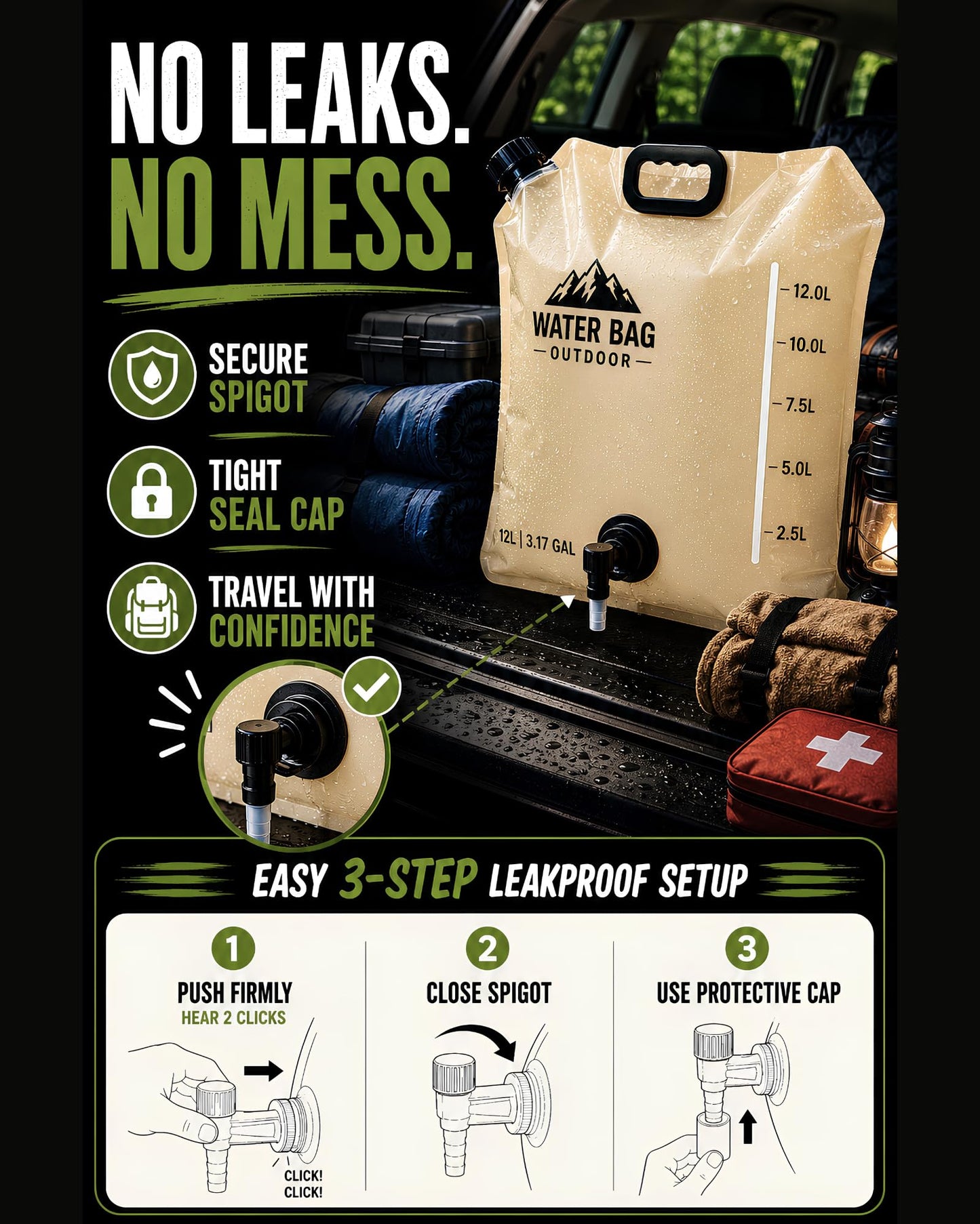 CoreMuse 3.17 Gallon/12L Collapsible Water Container with Spigot, Foldable Water Storage Bag for