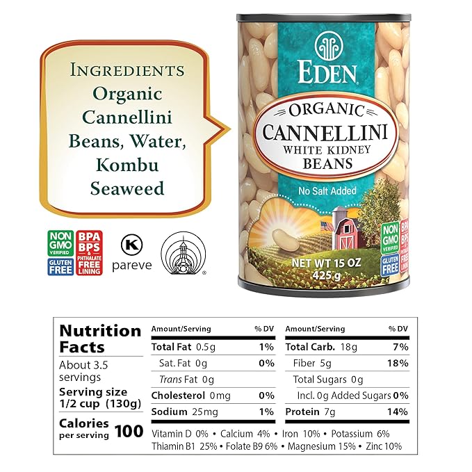 Eden Organic Cannellini White Kidney Beans, No Salt Added, 15-Ounce Cans (Pack of 12)