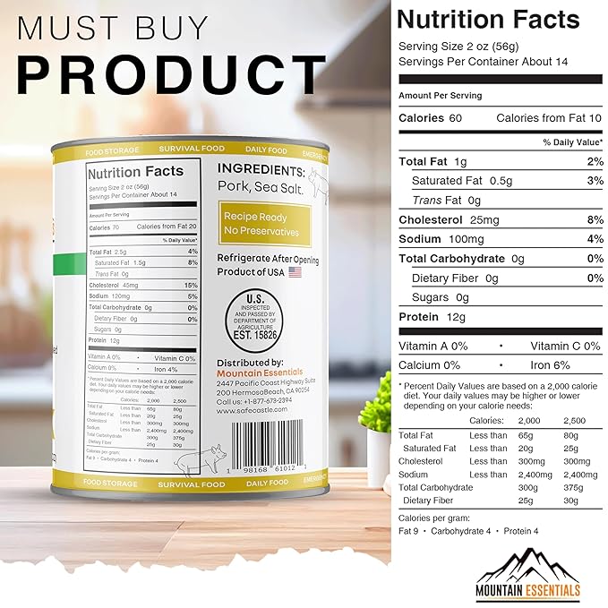 MOUNTAIN ESSENTIALS Canned Pork 28 Oz – Fully Cooked, Ready to Eat – Pantry Staple Canned Meat for Everyday Meals, Emergency Survival & Bulk Food Storage – 5-Year Shelf Life – Made in USA – 6 Pack
