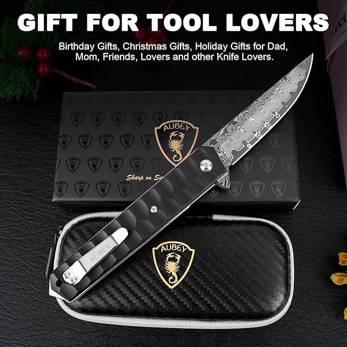 AUBEY Damascus Pocket Knife with Clip, Tanto Blade Damascus Steel Folding Knives for Men Tactical, Aluminum Handle with Glass Breaker for EDC Camping